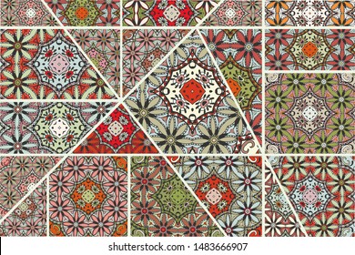Vector patchwork quilt pattern. Vintage decorative collage. Hand drawn background. Indian, Arabic, Turkish motifs for printing on fabric or paper. Abstract colorful doodle pattern in mosaic style