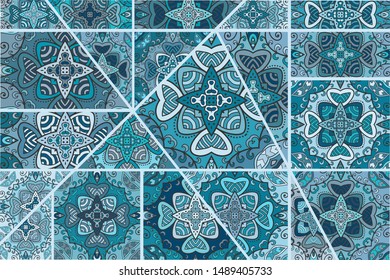 Vector patchwork quilt pattern. Vintage decorative collage. Hand drawn background. Indian, Arabic, Turkish motifs for printing on fabric or paper. Abstract colorful doodle pattern in mosaic style
