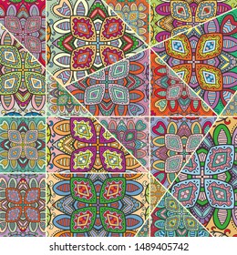 Vector patchwork quilt pattern. Vintage decorative collage. Hand drawn background. Indian, Arabic, Turkish motifs for printing on fabric or paper. Abstract colorful doodle pattern in mosaic style