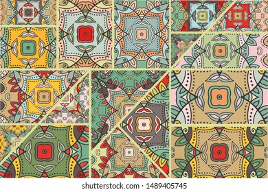 Vector patchwork quilt pattern. Vintage decorative collage. Hand drawn background. Indian, Arabic, Turkish motifs for printing on fabric or paper. Abstract colorful doodle pattern in mosaic style