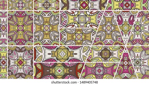 Vector patchwork quilt pattern. Vintage decorative collage. Hand drawn background. Indian, Arabic, Turkish motifs for printing on fabric or paper. Abstract colorful doodle pattern in mosaic style