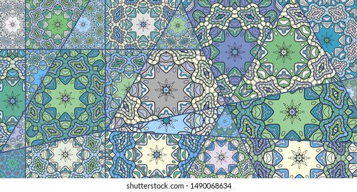 Vector patchwork quilt pattern. Vintage decorative collage. Hand drawn background. Indian, Arabic, Turkish motifs for printing on fabric or paper. Abstract colorful doodle pattern in mosaic style
