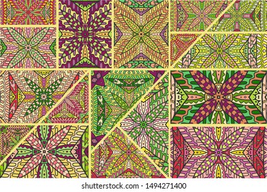 Vector patchwork quilt pattern. Vintage decorative collage. Hand drawn background. Indian, Arabic, Turkish motifs for printing on fabric or paper. Abstract colorful doodle pattern in mosaic style