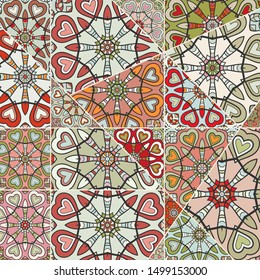 Vector patchwork quilt pattern. Vintage decorative collage. Hand drawn background. Indian, Arabic, Turkish motifs for printing on fabric or paper. Abstract colorful doodle pattern in mosaic style