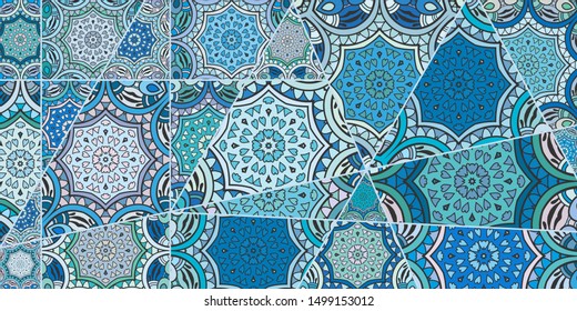 Vector patchwork quilt pattern. Vintage decorative collage. Hand drawn background. Indian, Arabic, Turkish motifs for printing on fabric or paper. Abstract colorful doodle pattern in mosaic style