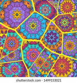 Vector patchwork quilt pattern. Vintage decorative collage. Hand drawn background. Indian, Arabic, Turkish motifs for printing on fabric or paper. Abstract colorful doodle pattern in mosaic style