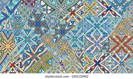 Vector patchwork quilt pattern. Vintage decorative collage. Hand drawn background. Indian, Arabic, Turkish motifs for printing on fabric or paper. Abstract colorful doodle pattern in mosaic style