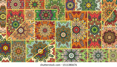 Vector patchwork quilt pattern. Vintage decorative collage. Hand drawn background. Indian, Arabic, Turkish motifs for printing on fabric or paper. Abstract colorful doodle pattern in mosaic style