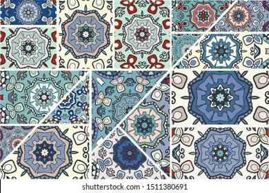 Vector patchwork quilt pattern. Vintage decorative collage. Hand drawn background. Indian, Arabic, Turkish motifs for printing on fabric or paper. Abstract colorful doodle pattern in mosaic style