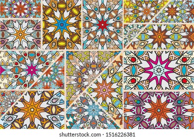 Vector patchwork quilt pattern. Vintage decorative collage. Hand drawn background. Indian, Arabic, Turkish motifs for printing on fabric or paper. Abstract colorful doodle pattern in mosaic style