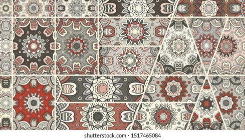 Vector patchwork quilt pattern. Vintage decorative collage. Hand drawn background. Indian, Arabic, Turkish motifs for printing on fabric or paper. Abstract colorful doodle pattern in mosaic style