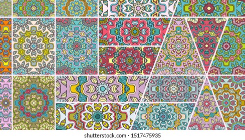 Vector patchwork quilt pattern. Vintage decorative collage. Hand drawn background. Indian, Arabic, Turkish motifs for printing on fabric or paper. Abstract colorful doodle pattern in mosaic style
