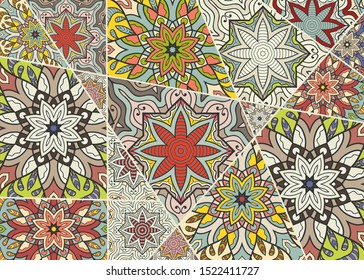 Vector patchwork quilt pattern. Vintage decorative collage. Hand drawn background. Indian, Arabic, Turkish motifs for printing on fabric or paper. Abstract colorful doodle pattern in mosaic style