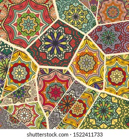 Vector patchwork quilt pattern. Vintage decorative collage. Hand drawn background. Indian, Arabic, Turkish motifs for printing on fabric or paper. Abstract colorful doodle pattern in mosaic style
