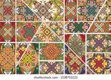 Vector patchwork quilt pattern. Vintage decorative collage. Hand drawn background. Indian, Arabic, Turkish motifs for printing on fabric or paper. Abstract colorful doodle pattern in mosaic style