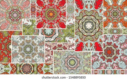 Vector patchwork quilt pattern. Vintage decorative collage. Hand drawn background. Indian, Arabic, Turkish motifs for printing on fabric or paper. Abstract colorful doodle pattern in mosaic style