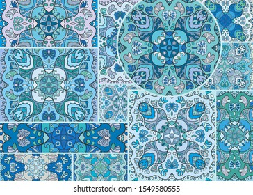 Vector patchwork quilt pattern. Vintage decorative collage. Hand drawn background. Indian, Arabic, Turkish motifs for printing on fabric or paper. Abstract colorful doodle pattern in mosaic style