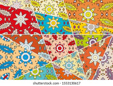 Vector patchwork quilt pattern. Vintage decorative collage. Hand drawn background. Indian, Arabic, Turkish motifs for printing on fabric or paper. Abstract colorful doodle pattern in mosaic style