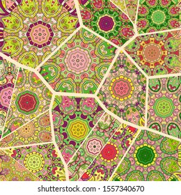 Vector patchwork quilt pattern. Vintage decorative collage. Hand drawn background. Indian, Arabic, Turkish motifs for printing on fabric or paper. Abstract colorful doodle pattern in mosaic style