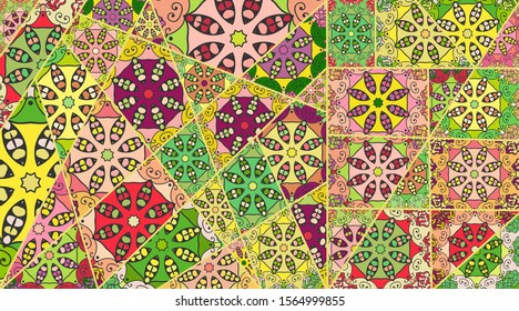 Vector patchwork quilt pattern. Vintage decorative collage. Hand drawn background. Indian, Arabic, Turkish motifs for printing on fabric or paper. Abstract colorful doodle pattern in mosaic style