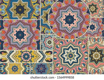 Vector patchwork quilt pattern. Vintage decorative collage. Hand drawn background. Indian, Arabic, Turkish motifs for printing on fabric or paper. Abstract colorful doodle pattern in mosaic style