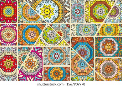 Vector patchwork quilt pattern. Vintage decorative collage. Hand drawn background. Indian, Arabic, Turkish motifs for printing on fabric or paper. Abstract colorful doodle pattern in mosaic style