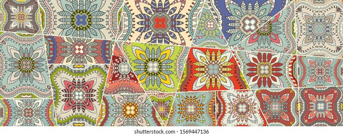 Vector patchwork quilt pattern. Vintage decorative collage. Hand drawn background. Indian, Arabic, Turkish motifs for printing on fabric or paper. Abstract colorful doodle pattern in mosaic style
