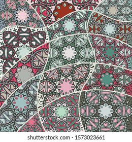 Vector patchwork quilt pattern. Vintage decorative collage. Hand drawn background. Indian, Arabic, Turkish motifs for printing on fabric or paper. Abstract colorful doodle pattern in mosaic style