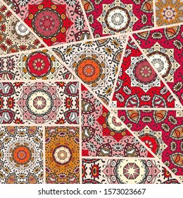 Vector patchwork quilt pattern. Vintage decorative collage. Hand drawn background. Indian, Arabic, Turkish motifs for printing on fabric or paper. Abstract colorful doodle pattern in mosaic style
