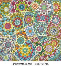 Vector patchwork quilt pattern. Vintage decorative collage. Hand drawn background. Indian, Arabic, Turkish motifs for printing on fabric or paper. Abstract colorful doodle pattern in mosaic style