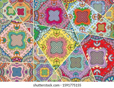 Vector patchwork quilt pattern. Vintage decorative collage. Hand drawn background. Indian, Arabic, Turkish motifs for printing on fabric or paper. Abstract colorful doodle pattern in mosaic style