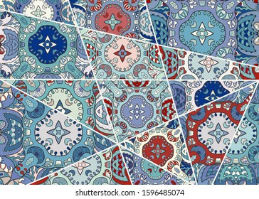 Vector patchwork quilt pattern. Vintage decorative collage. Hand drawn background. Indian, Arabic, Turkish motifs for printing on fabric or paper. Abstract colorful doodle pattern in mosaic style