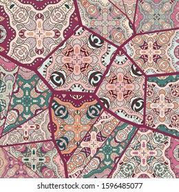 Vector patchwork quilt pattern. Vintage decorative collage. Hand drawn background. Indian, Arabic, Turkish motifs for printing on fabric or paper. Abstract colorful doodle pattern in mosaic style