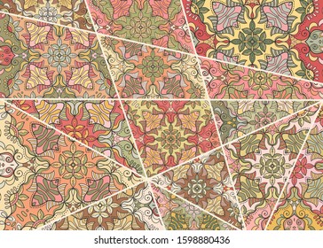 Vector patchwork quilt pattern. Vintage decorative collage. Hand drawn background. Indian, Arabic, Turkish motifs for printing on fabric or paper. Abstract colorful doodle pattern in mosaic style