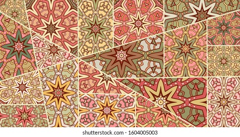 Vector patchwork quilt pattern. Vintage decorative collage. Hand drawn background. Indian, Arabic, Turkish motifs for printing on fabric or paper. Abstract colorful doodle pattern in mosaic style