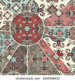 Vector patchwork quilt pattern. Vintage decorative collage. Hand drawn background. Indian, Arabic, Turkish motifs for printing on fabric or paper. Abstract colorful doodle pattern in mosaic style