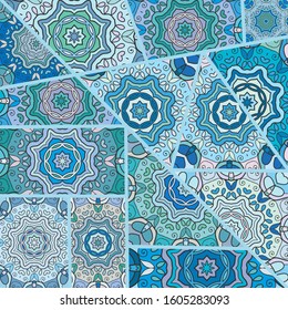 Vector patchwork quilt pattern. Vintage decorative collage. Hand drawn background. Indian, Arabic, Turkish motifs for printing on fabric or paper. Abstract colorful doodle pattern in mosaic style