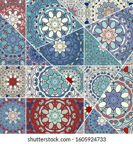 Vector patchwork quilt pattern. Vintage decorative collage. Hand drawn background. Indian, Arabic, Turkish motifs for printing on fabric or paper. Abstract colorful doodle pattern in mosaic style