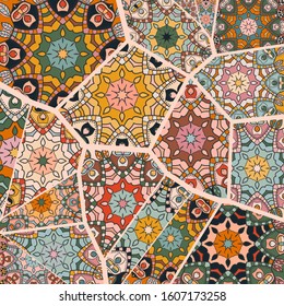 Vector patchwork quilt pattern. Vintage decorative collage. Hand drawn background. Indian, Arabic, Turkish motifs for printing on fabric or paper. Abstract colorful doodle pattern in mosaic style