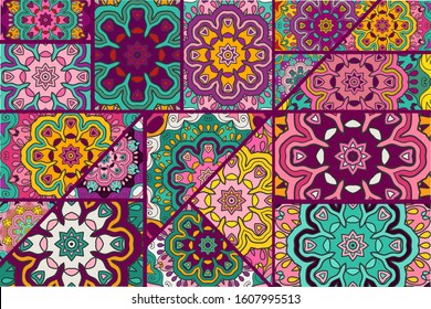 Vector patchwork quilt pattern. Vintage decorative collage. Hand drawn background. Indian, Arabic, Turkish motifs for printing on fabric or paper. Abstract colorful doodle pattern in mosaic style