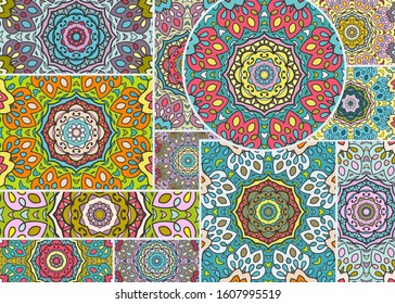 Vector patchwork quilt pattern. Vintage decorative collage. Hand drawn background. Indian, Arabic, Turkish motifs for printing on fabric or paper. Abstract colorful doodle pattern in mosaic style