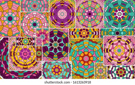 Vector patchwork quilt pattern. Vintage decorative collage. Hand drawn background. Indian, Arabic, Turkish motifs for printing on fabric or paper. Abstract colorful doodle pattern in mosaic style