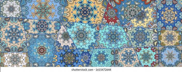 Vector patchwork quilt pattern. Vintage decorative collage. Hand drawn background. Indian, Arabic, Turkish motifs for printing on fabric or paper. Abstract colorful doodle pattern in mosaic style