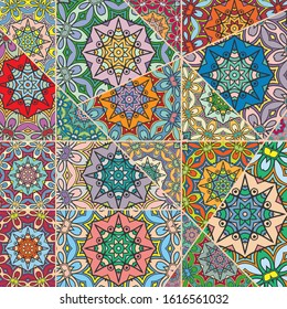 Vector patchwork quilt pattern. Vintage decorative collage. Hand drawn background. Indian, Arabic, Turkish motifs for printing on fabric or paper. Abstract colorful doodle pattern in mosaic style