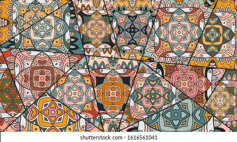 Vector patchwork quilt pattern. Vintage decorative collage. Hand drawn background. Indian, Arabic, Turkish motifs for printing on fabric or paper. Abstract colorful doodle pattern in mosaic style
