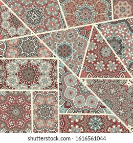 Vector patchwork quilt pattern. Vintage decorative collage. Hand drawn background. Indian, Arabic, Turkish motifs for printing on fabric or paper. Abstract colorful doodle pattern in mosaic style