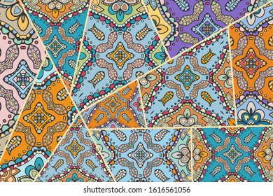 Vector patchwork quilt pattern. Vintage decorative collage. Hand drawn background. Indian, Arabic, Turkish motifs for printing on fabric or paper. Abstract colorful doodle pattern in mosaic style