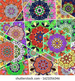 Vector patchwork quilt pattern. Vintage decorative collage. Hand drawn background. Indian, Arabic, Turkish motifs for printing on fabric or paper. Abstract colorful doodle pattern in mosaic style