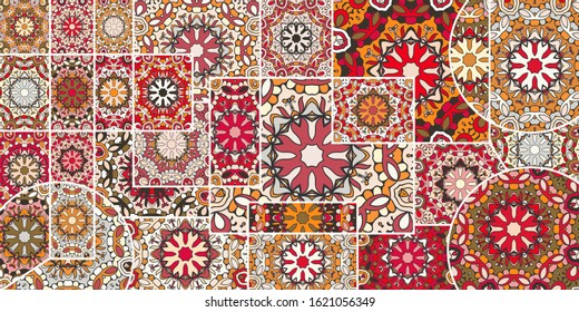 Vector patchwork quilt pattern. Vintage decorative collage. Hand drawn background. Indian, Arabic, Turkish motifs for printing on fabric or paper. Abstract colorful doodle pattern in mosaic style