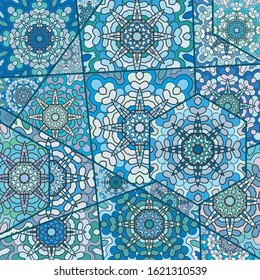 Vector patchwork quilt pattern. Vintage decorative collage. Hand drawn background. Indian, Arabic, Turkish motifs for printing on fabric or paper. Abstract colorful doodle pattern in mosaic style